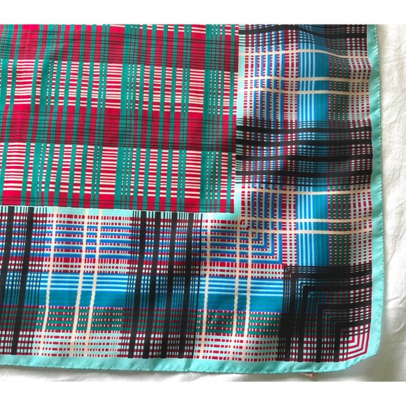 Vintage Morsly Scarf Tartan Plaid Square Geometric Italy 27" Blue Green - Picture 8 of 10